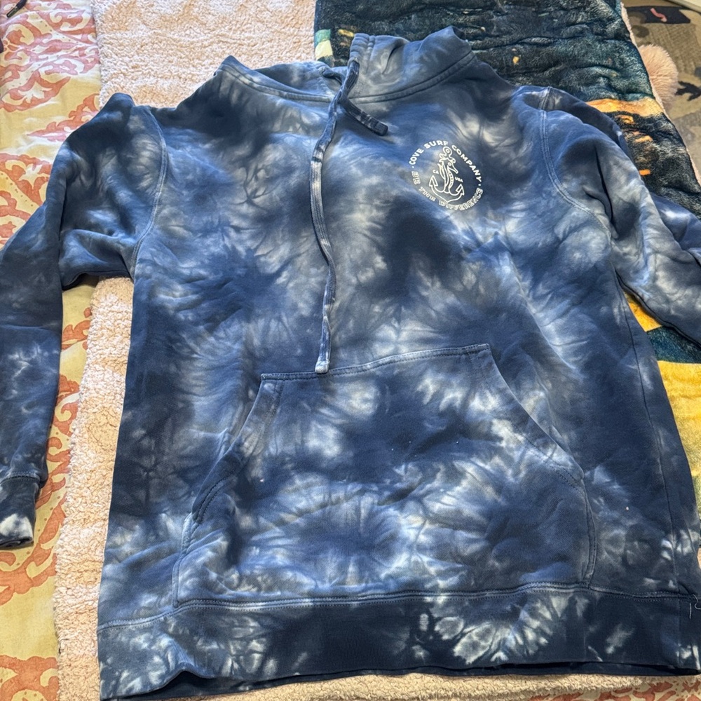 Blue Tie-Dye Pullover Hoodie with Small Logo